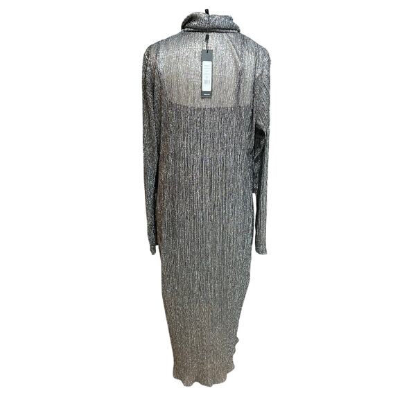 BCBGMAXAZRIA Midi Dress Large Gunmetal Glitter Mesh Bodycon Evening Glamour NEW - Picture 6 of 16